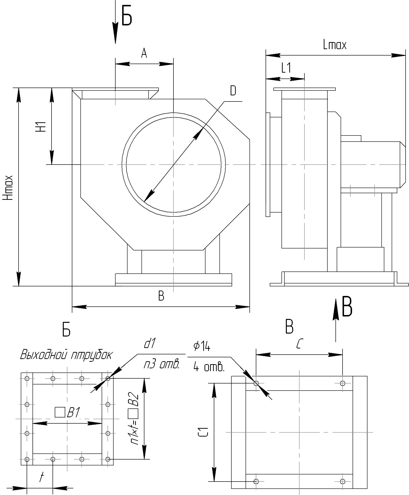 Габаритные и присоединительные размеры вентиляторов ВЦП 6-46 (исполнение 1)