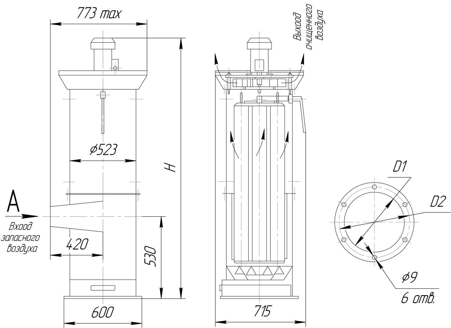 Габаритные и присоединительные размеры пылеулавливающих агрегатов ЗИЛ-900, 1600