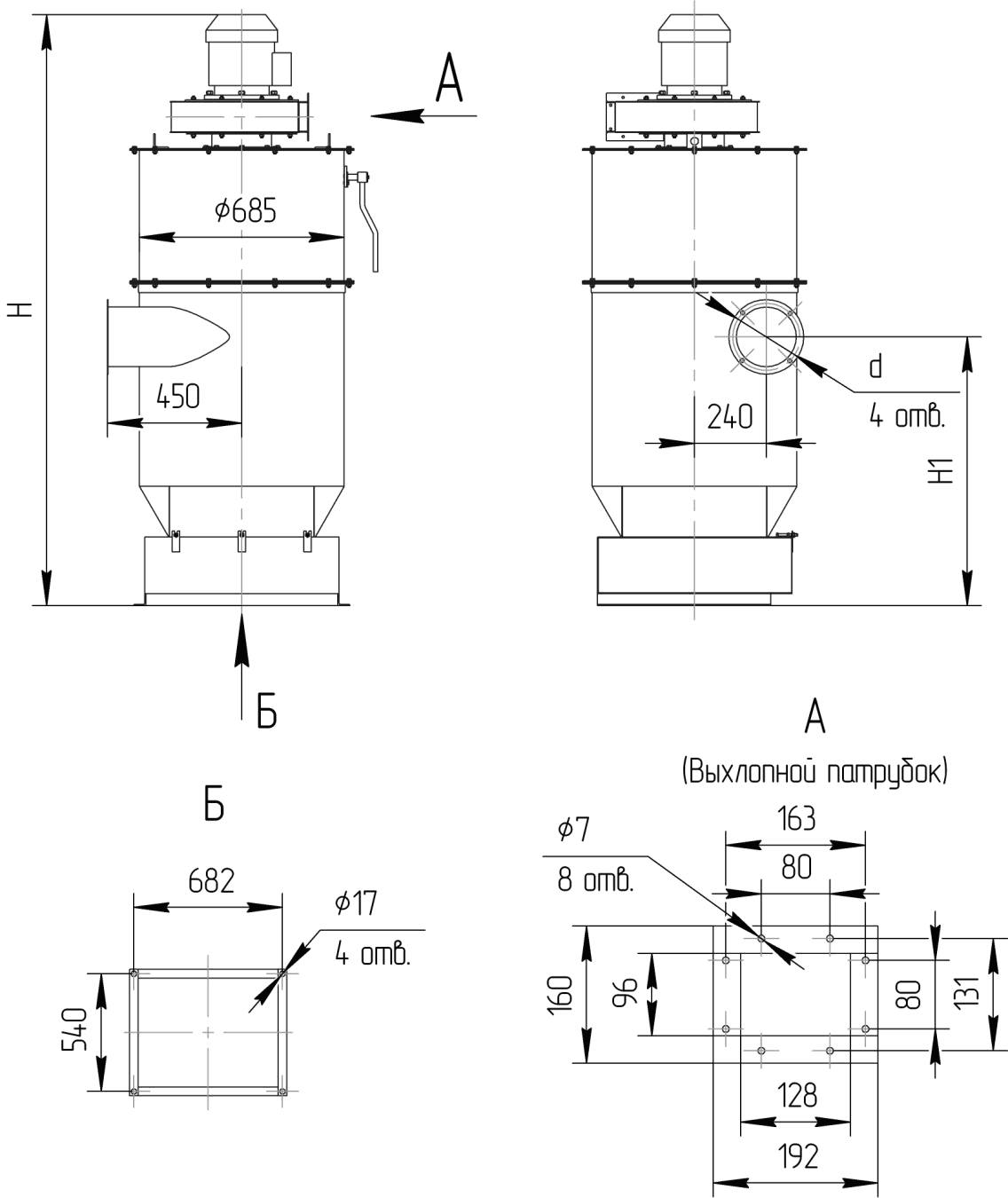 Габаритные и присоединительные размеры пылеулавливающих агрегатов ИРП 1.0, ИРП 1.5
