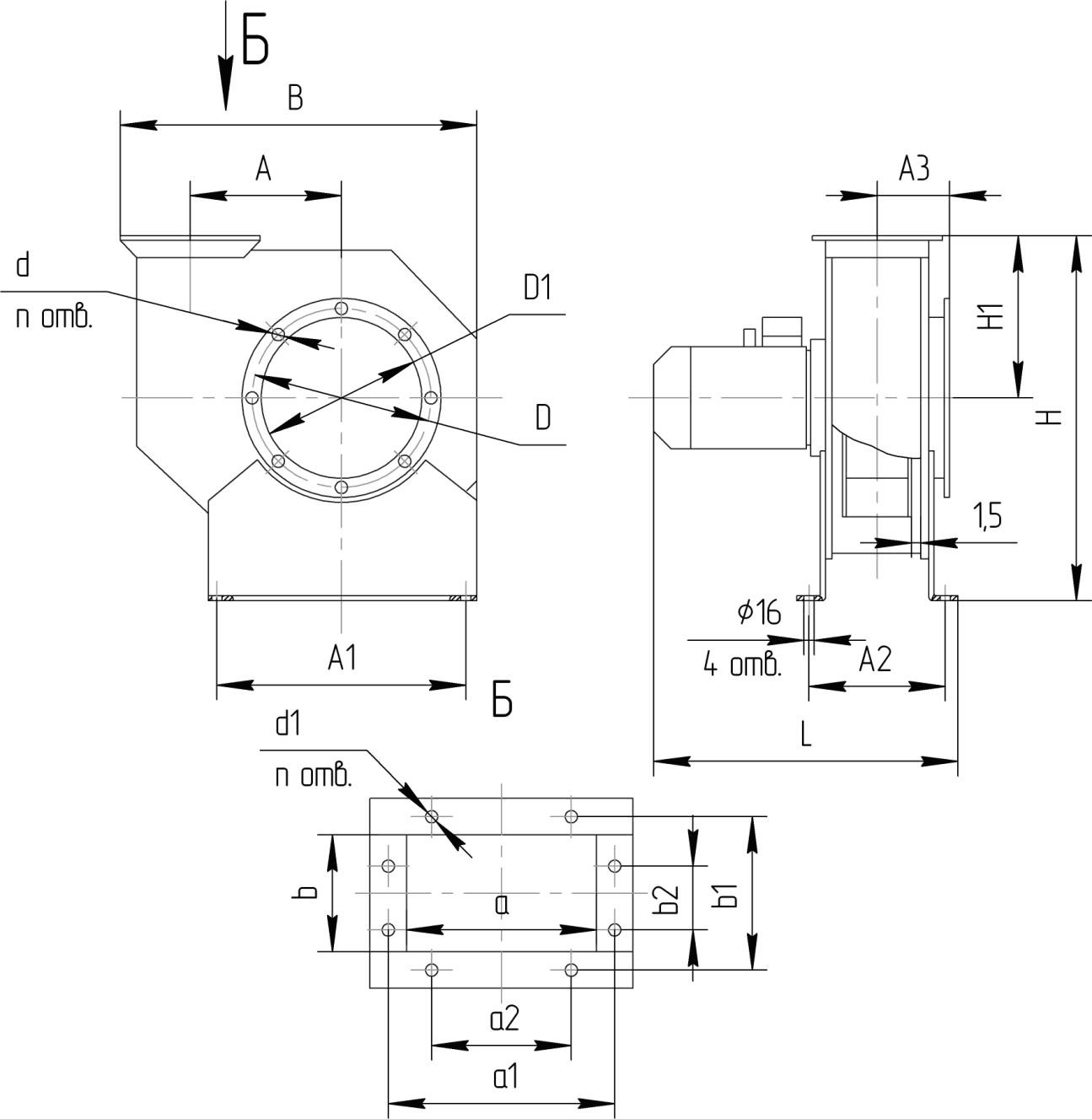 Габаритные и присоединительные размеры вентиляторов ВЦ 10-28 №2-3,15