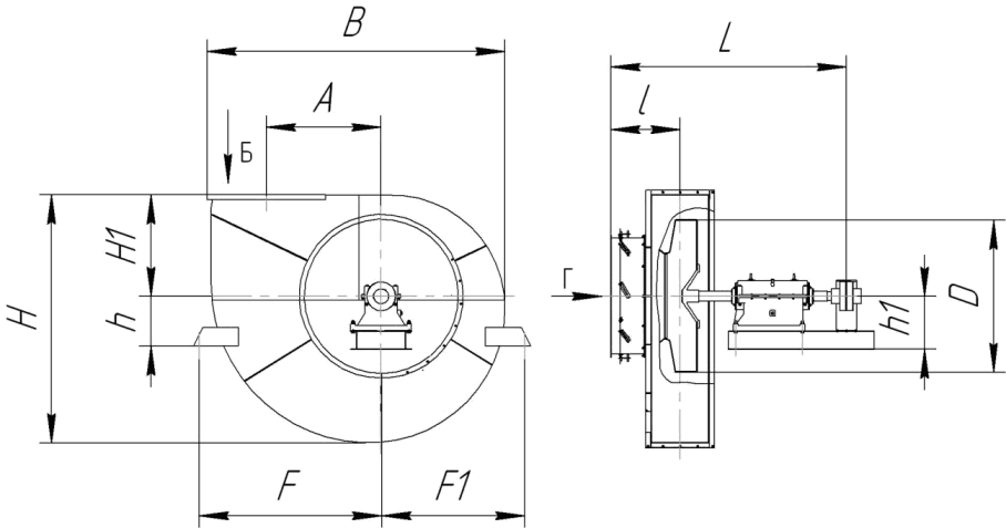 Габаритные размеры центробежных вентиляторов одностороннего всасывания